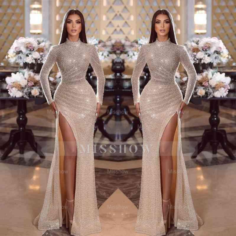 Champagne High Neck Long Sleeves Sequined Mermaid Floor Length Formal Evening Dress