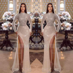 Champagne High Neck Long Sleeves Sequined Mermaid Floor Length Formal Evening Dress