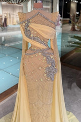 Champagne High Neck Sleeveless Beaded Appliques Mermaid Floor Length Formal Evening Gown
