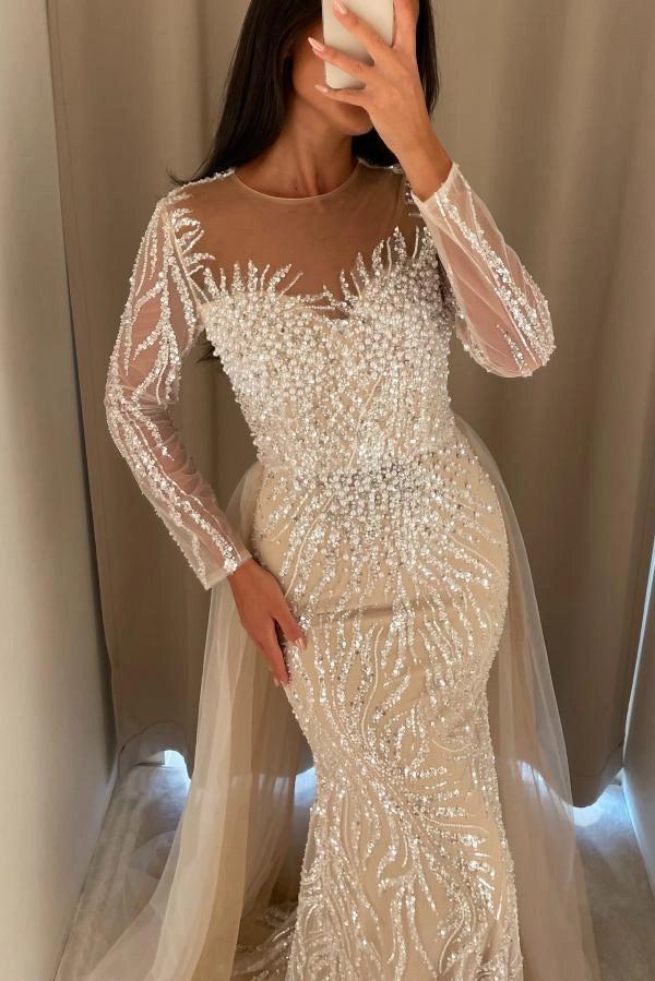 Champagne Illusion Scoop Neck Long Sheer Sleeves Beaded Mermaid Floor Formal Evening Gown