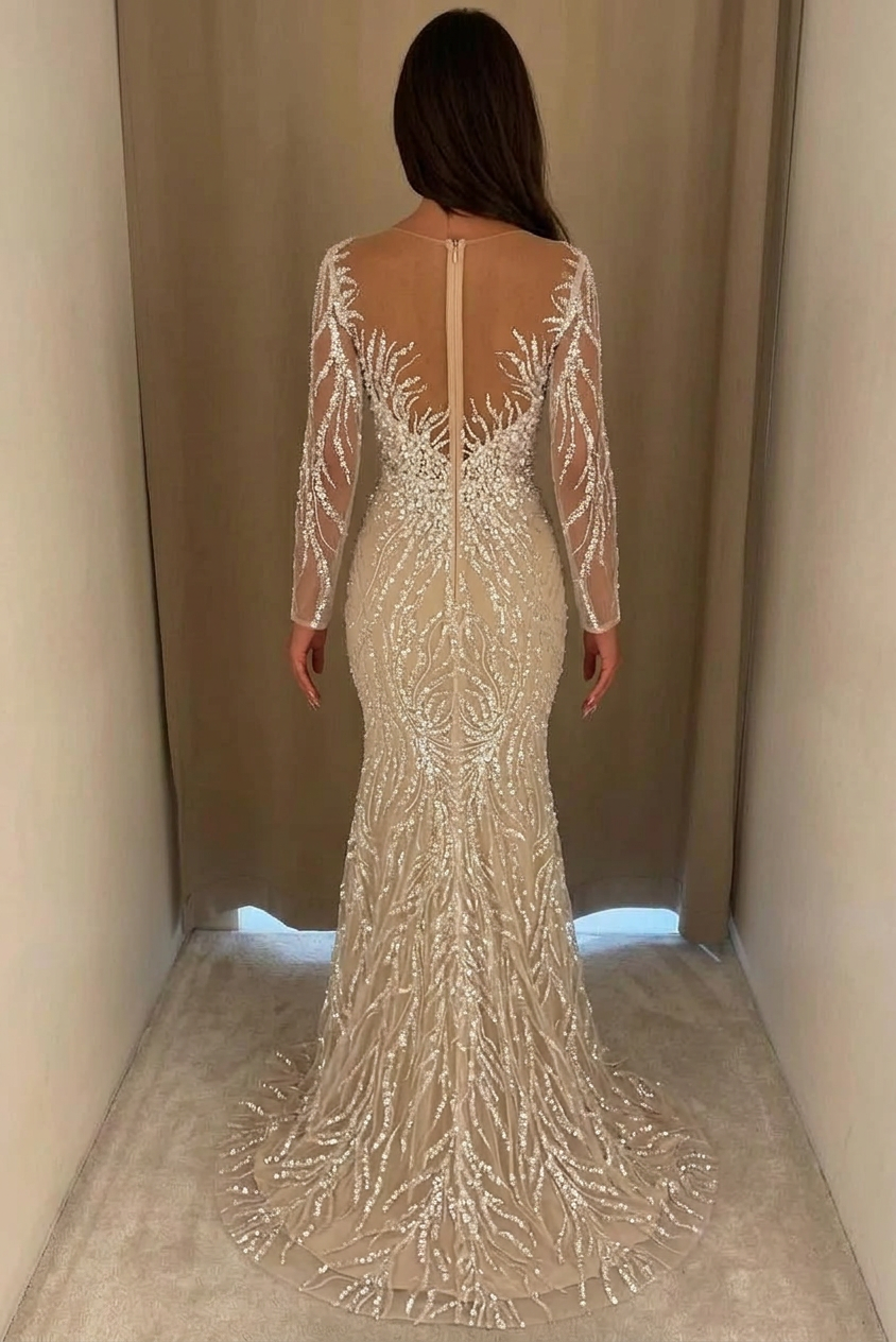Champagne Illusion Scoop Neck Long Sheer Sleeves Beaded Mermaid Floor Formal Evening Gown
