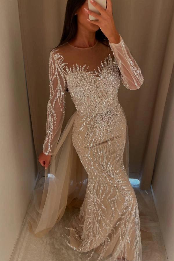 Champagne Illusion Scoop Neck Long Sheer Sleeves Beaded Mermaid Floor Formal Evening Gown