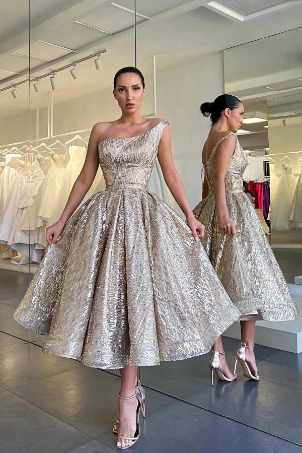 Champagne Jacquard Sequin One Shoulder Cocktail Dress Open Back A-Line Tea Length Formal Party Gown