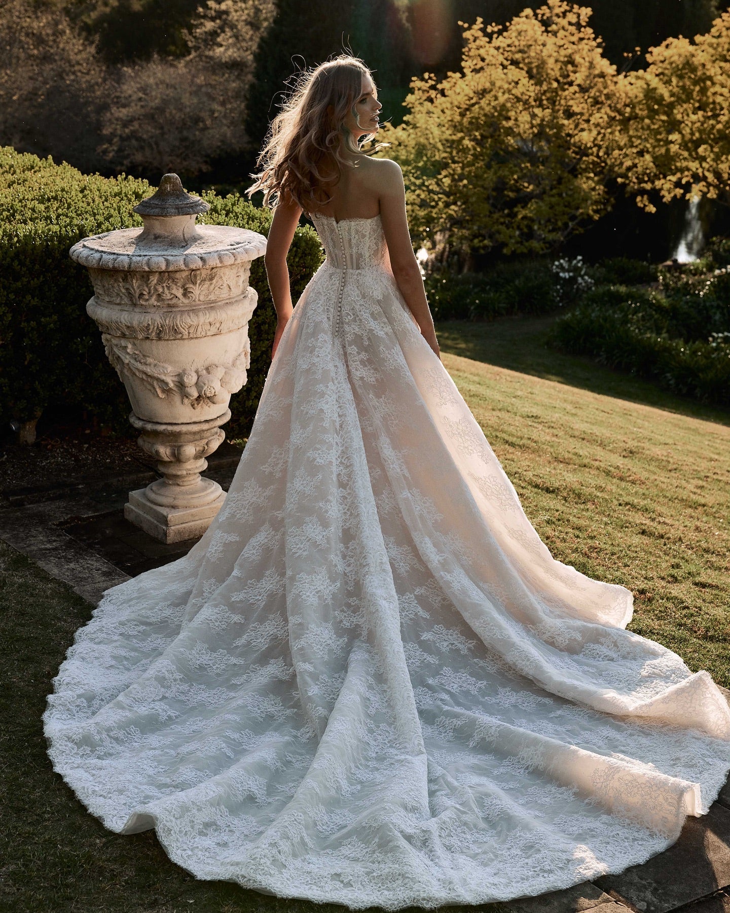 Champagne Lace Applique A-Line Wedding Dress Strapless Sleeveless Corset Bodice Cathedral Train Bridal Gown