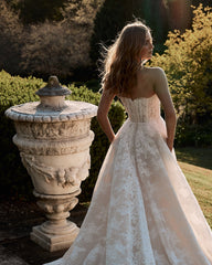 Champagne Lace Applique A-Line Wedding Dress Strapless Sleeveless Corset Bodice Cathedral Train Bridal Gown