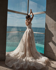 Champagne Lace Applique Beaded A-Line Wedding Dress Sweetheart Spaghetti Straps Sparkle Split Front Cathedral Train Bridal Gown