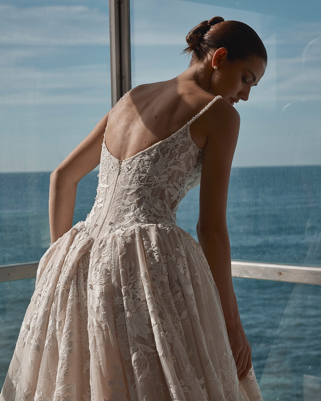 Champagne Lace Applique Beaded A-Line Wedding Dress Sweetheart Spaghetti Straps Sparkle Split Front Cathedral Train Bridal Gown