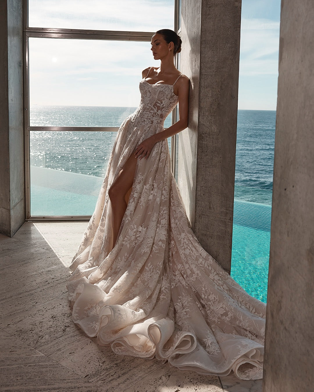 Champagne Lace Applique Beaded A-Line Wedding Dress Sweetheart Spaghetti Straps Sparkle Split Front Cathedral Train Bridal Gown