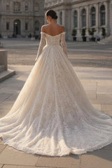 Champagne Lace Ball Gown Wedding Dress Off-the-Shoulder Sweetheart Long Sleeve Glitter Lace Corset Princess Bridal Gown with Cathedral Train