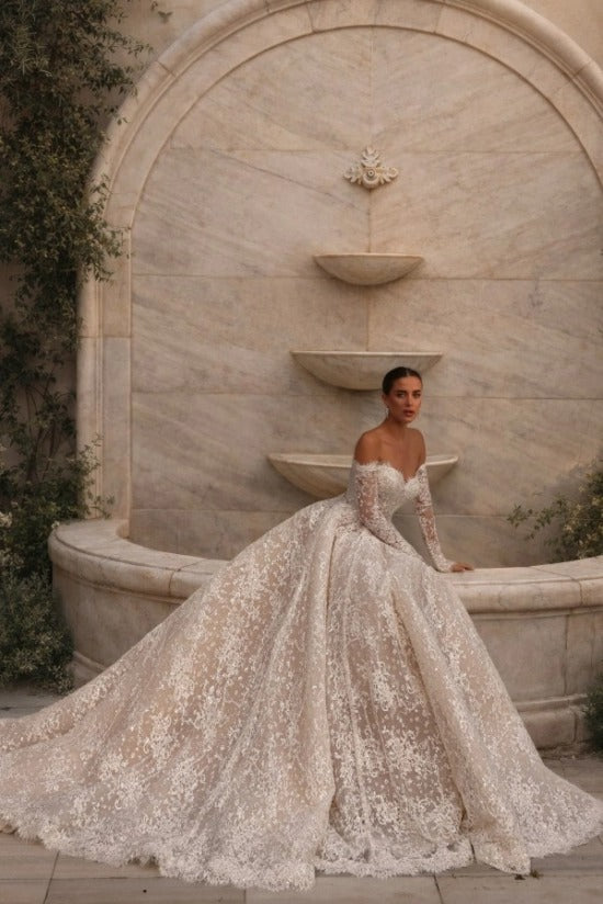 Champagne Lace Ball Gown Wedding Dress Off-the-Shoulder Sweetheart Long Sleeve Glitter Lace Corset Princess Bridal Gown with Cathedral Train