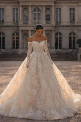 Champagne Lace Ball Gown Wedding Dress Off-the-Shoulder Sweetheart Long Sleeve Glitter Lace Corset Princess Bridal Gown with Cathedral Train