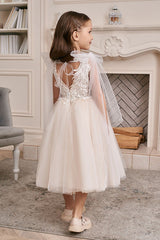 Champagne Lace Flower Girl Dress V-Neck Butterfly Cape Sleeves Embroidery V-Back Puffy Tulle