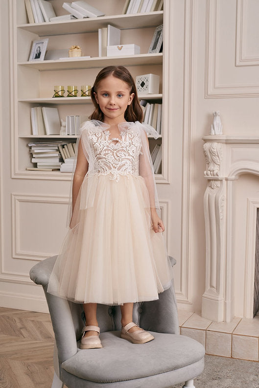 Champagne Lace Flower Girl Dress V-Neck Butterfly Cape Sleeves Embroidery V-Back Puffy Tulle