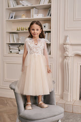 Champagne Lace Flower Girl Dress V-Neck Butterfly Cape Sleeves Embroidery V-Back Puffy Tulle