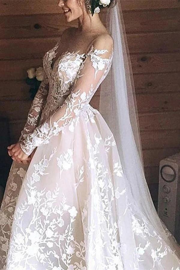 Champagne Long Sleeve Off Shoulder Lace Wedding Dress A-Line Floral Embroidery Chapel Train