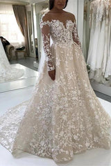 Champagne Long Sleeve Off Shoulder Lace Wedding Dress A-Line Floral Embroidery Chapel Train