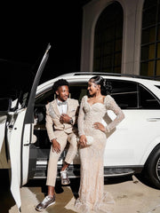 Champagne Long Sleeve Prom Dress Lace Mermaid Gown with Detachable Train