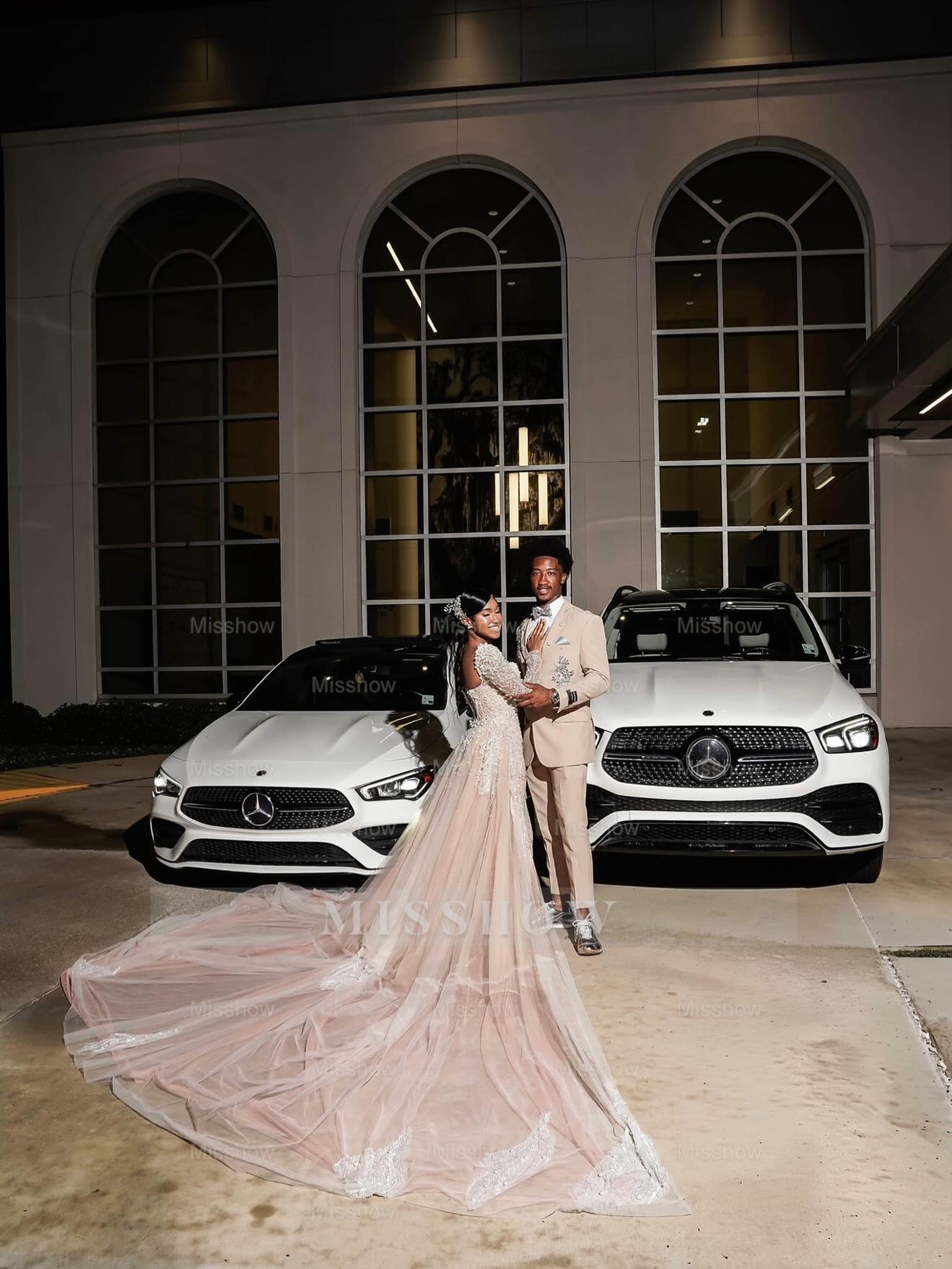 Champagne Long Sleeve Prom Dress Lace Mermaid Gown with Detachable Train