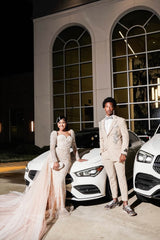 Champagne Long Sleeve Prom Dress Lace Mermaid Gown with Detachable Train