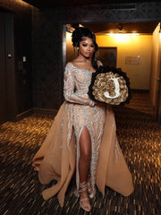 Champagne Mermaid Evening Dress Off Shoulder Sweetheart Long Sleeve Sheer Illusion Silver Crystal Botanical Vine Beaded Barely There High Split Detachable Chiffon Overskirt Gown