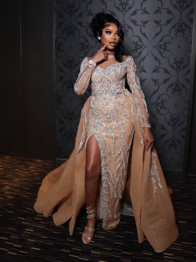 Champagne Mermaid Evening Dress Off Shoulder Sweetheart Long Sleeve Sheer Illusion Silver Crystal Botanical Vine Beaded Barely There High Split Detachable Chiffon Overskirt Gown