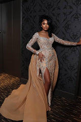 Champagne Mermaid Evening Dress Off Shoulder Sweetheart Long Sleeve Sheer Illusion Silver Crystal Botanical Vine Beaded Barely There High Split Detachable Chiffon Overskirt Gown