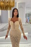Champagne Mermaid Long Sleeves Sweetheart Prom Dress with Tulle Overskirt
