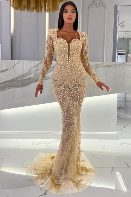 Champagne Mermaid Long Sleeves Sweetheart Prom Evening Dresses with Tulle Overskirt
