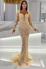 Champagne Mermaid Long Sleeves Sweetheart Prom Evening Dresses with Tulle Overskirt