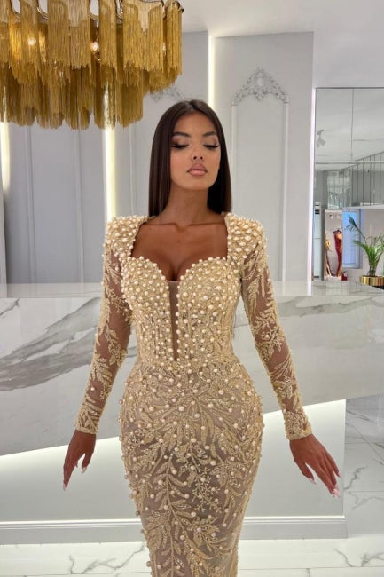 Champagne Mermaid Long Sleeves Sweetheart Prom Evening Dresses with Tulle Overskirt