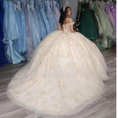Champagne Off-The-Shoulder Floral Applique Beaded Corset Ball Gown Quinceanera Dress