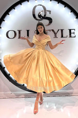 Champagne Off The Shoulder Sleeveless A-Line Satin Pleated Formal Tea Length Dress