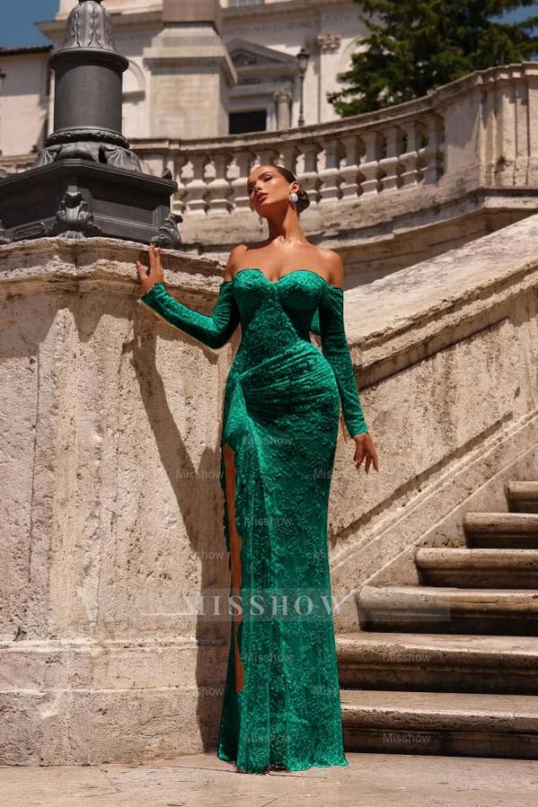 Dark green off-the-shoulder ruffled bodycon evening dress