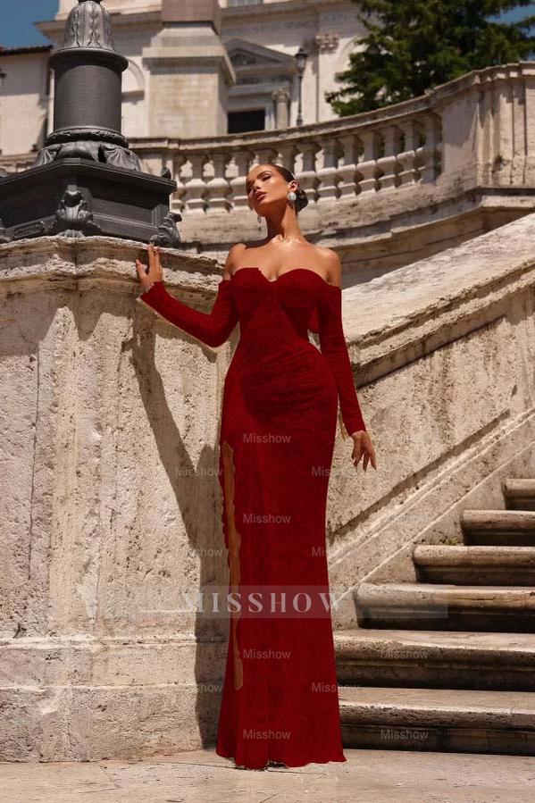 Burgundy off-the-shoulder ruffled bodycon evening dress