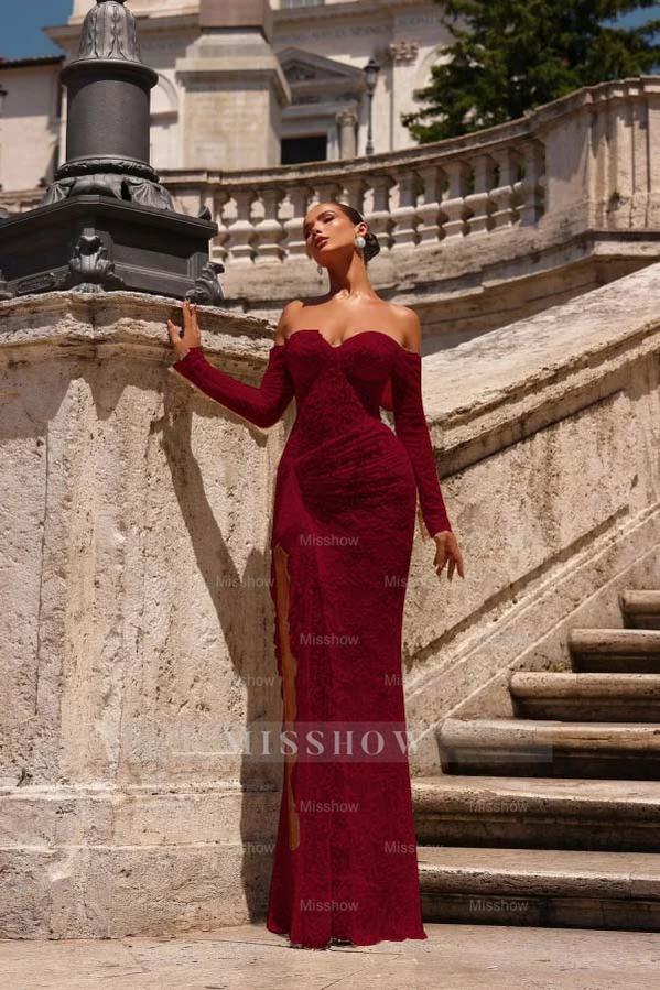 Burgundy off-the-shoulder ruffled bodycon evening dress