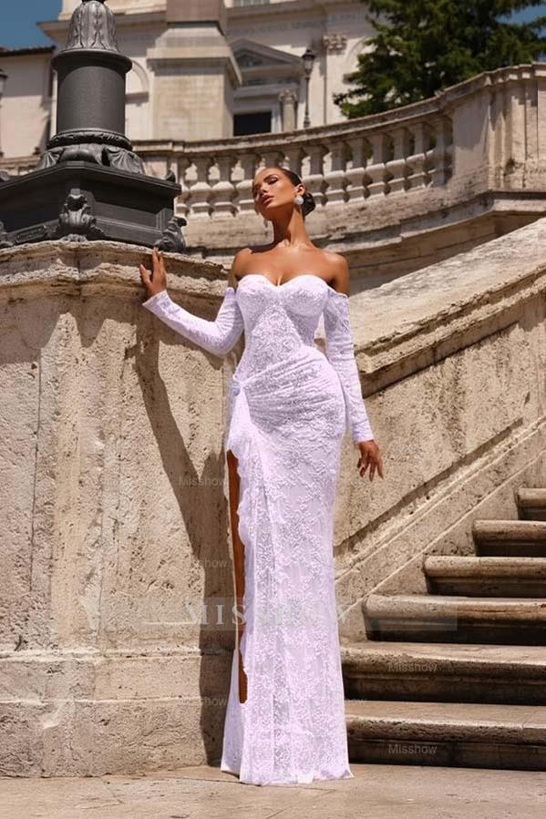 White off-the-shoulder ruffled bodycon evening dress