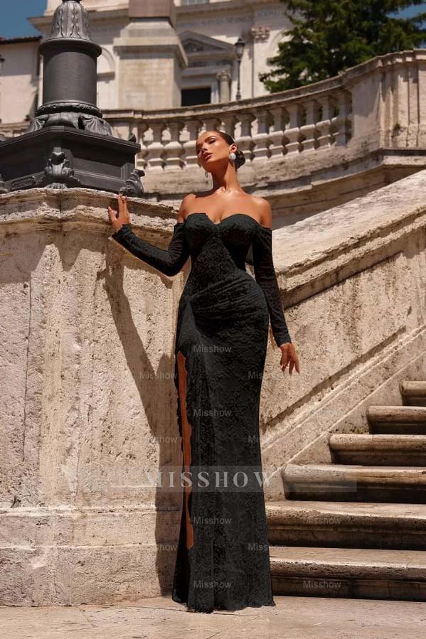 Black off-the-shoulder ruffled bodycon evening dress