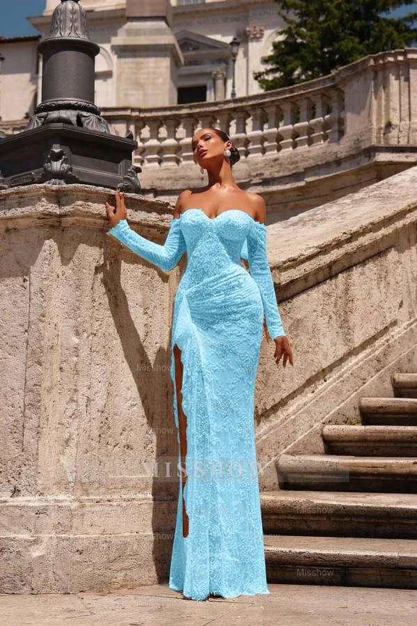Light blue off-the-shoulder ruffled bodycon evening dress