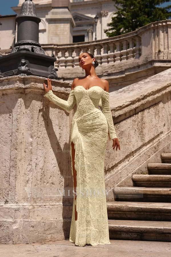 Light yellow off-the-shoulder ruffled bodycon evening dress
