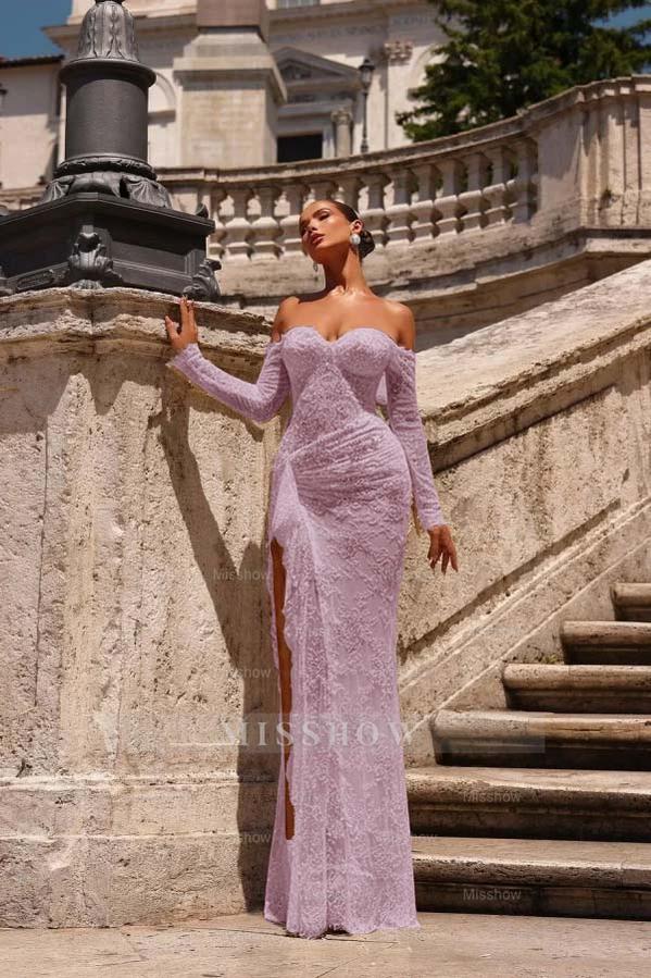 Lilac off-the-shoulder ruffled bodycon evening dress