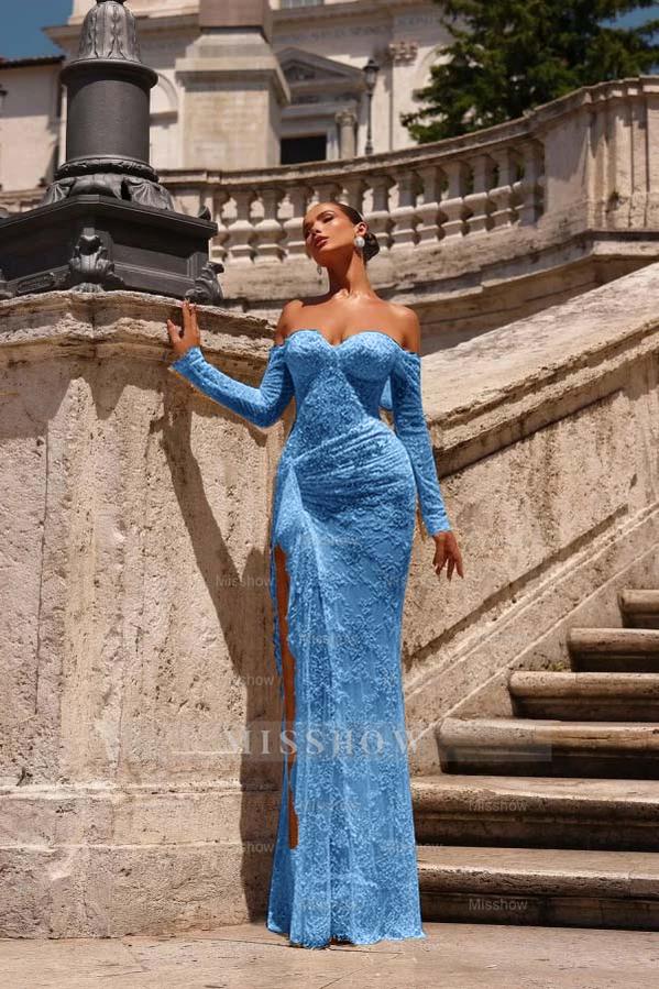 Royal blue off-the-shoulder ruffled bodycon evening dress