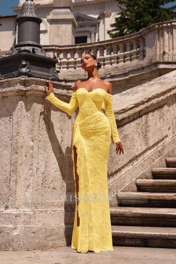 Yellow off-the-shoulder ruffled bodycon evening dress