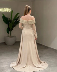 Champagne Off-the-Shoulder Long Sleeve Mermaid Formal Dress Heavy Pearl Beaded Satin Ruched Detachable Train Evening Gown