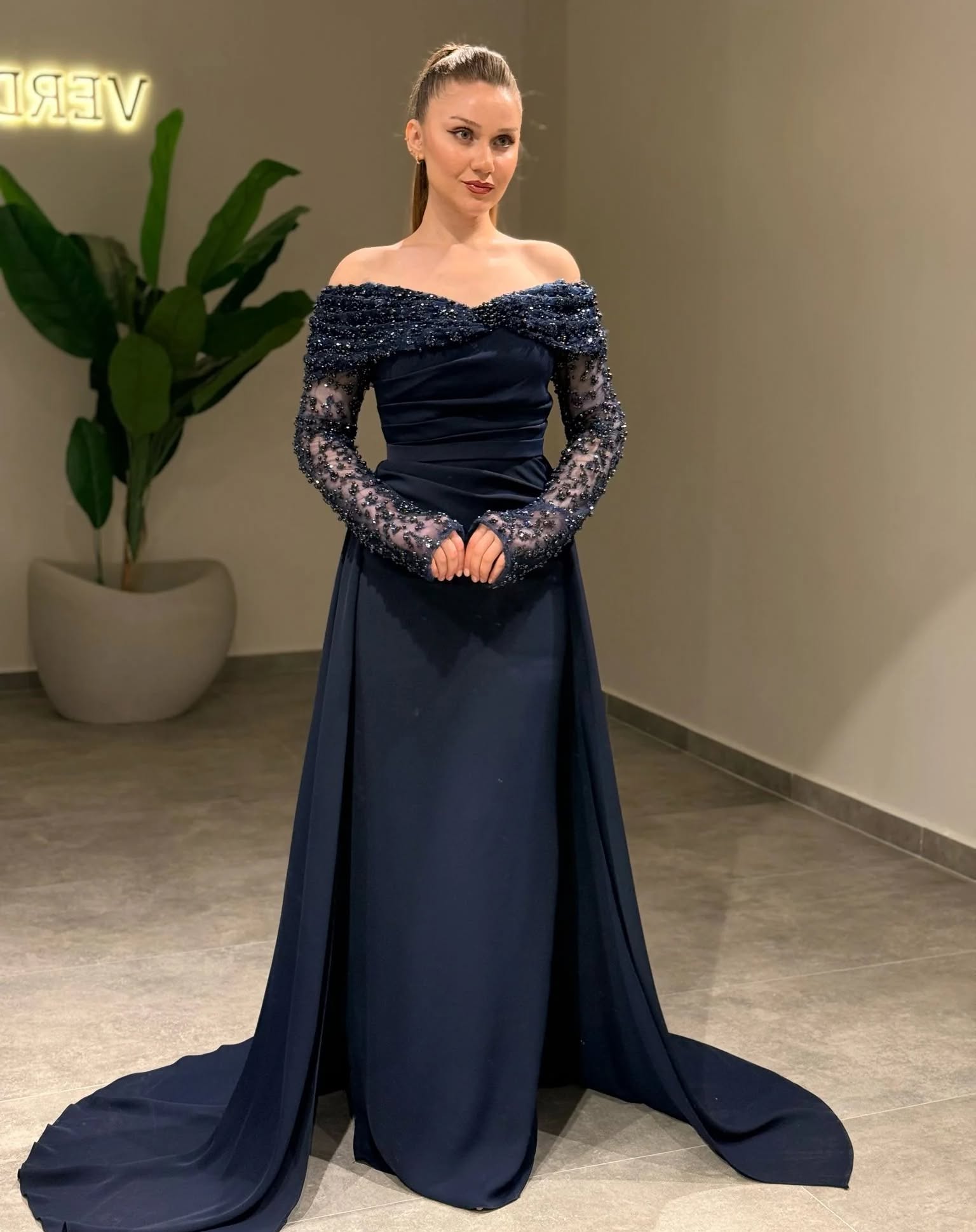 Champagne Off-the-Shoulder Long Sleeve Mermaid Formal Dress Heavy Pearl Beaded Satin Ruched Detachable Train Evening Gown