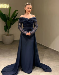 Champagne Off-the-Shoulder Long Sleeve Mermaid Formal Dress Heavy Pearl Beaded Satin Ruched Detachable Train Evening Gown
