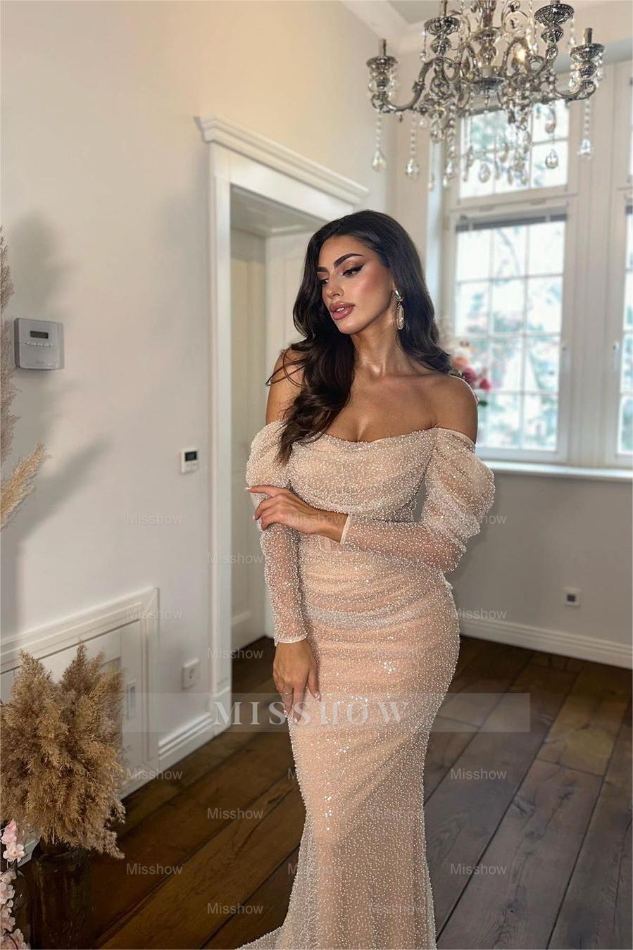 Champagne Off-the-Shoulder Long Sleeve Sequined Mermaid Floor Length Formal Evening Gown