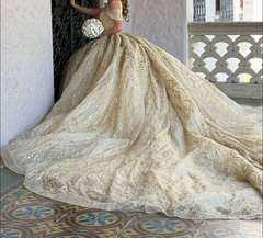 Champagne Off-the-Shoulder Sleeveless Beaded Applique Ball Gown Quinceanera Dress