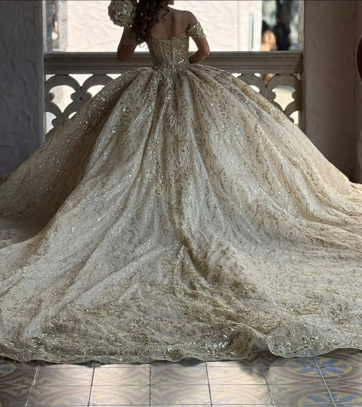 Champagne Off-the-Shoulder Sleeveless Beaded Applique Ball Gown Quinceanera Dress