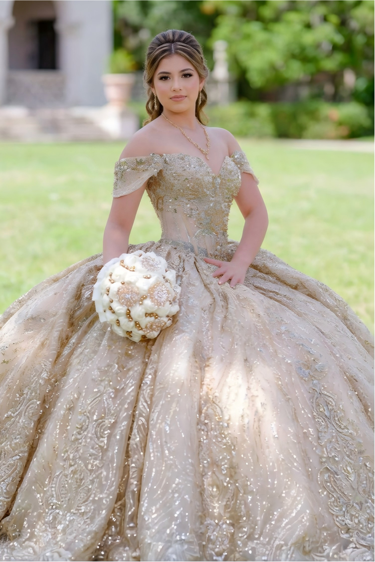 Champagne Off-the-Shoulder Sleeveless Beaded Applique Ball Gown Quinceanera Dress