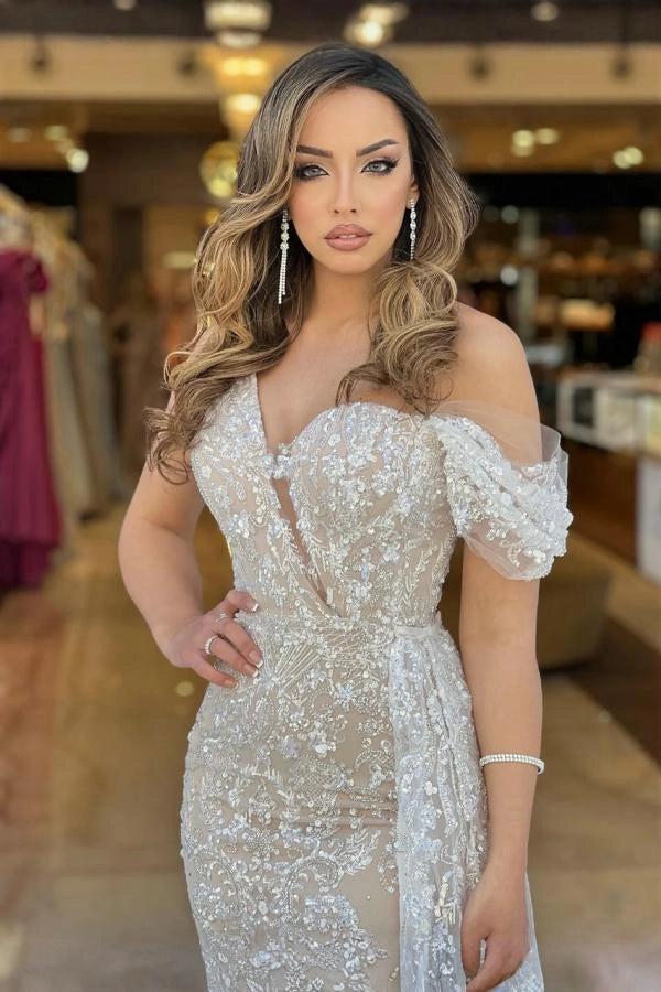 Champagne Off-the-Shoulder Sleeveless Mermaid Lace Sequined High Slit Formal Evening Gown
